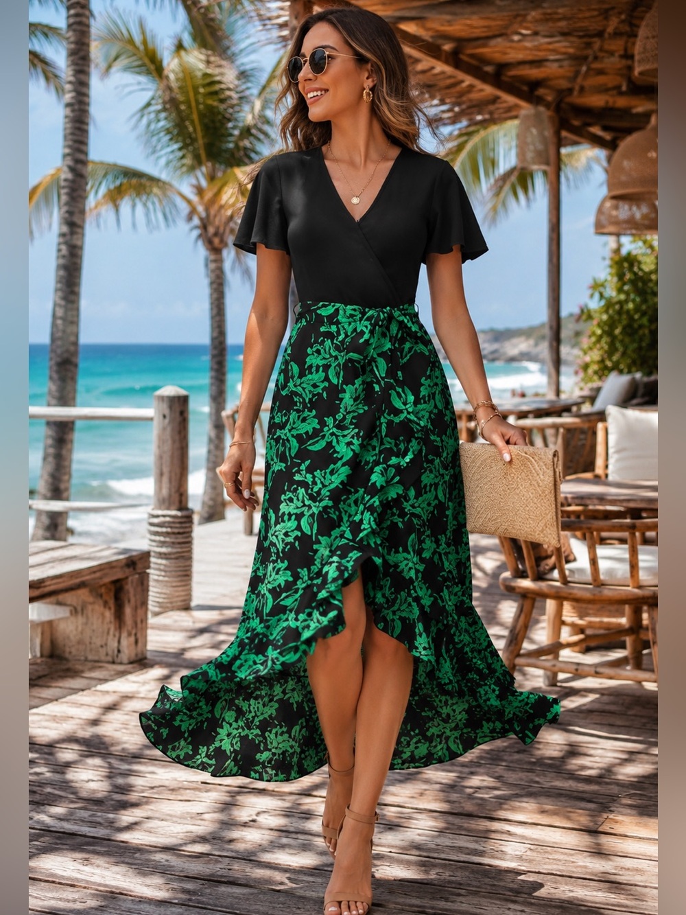 BTFBM NWT Green Floral Faux Wrap Hi Low Maxi Dress Resort Wedding Guest XL